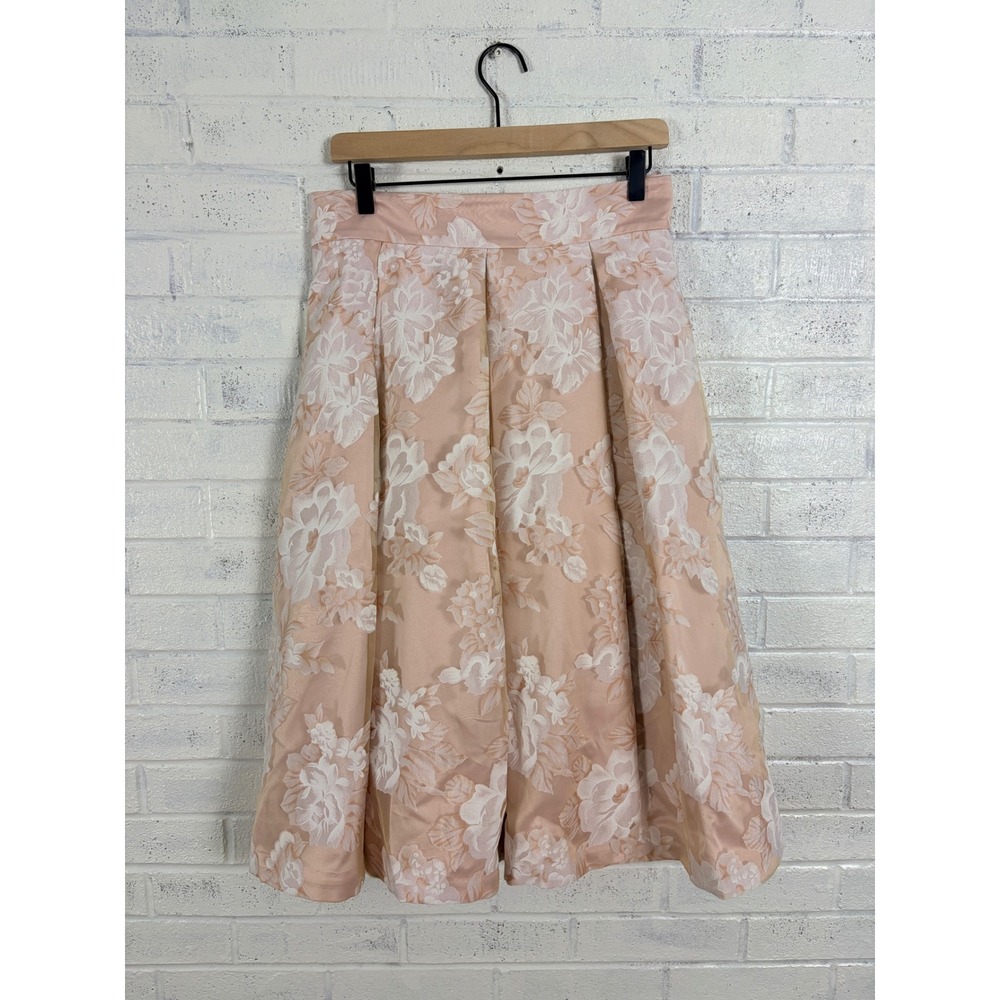 Eliza J Floral Jacquard Pleated Midi Skirt Womens 10 Blush Pink Lined Pockets